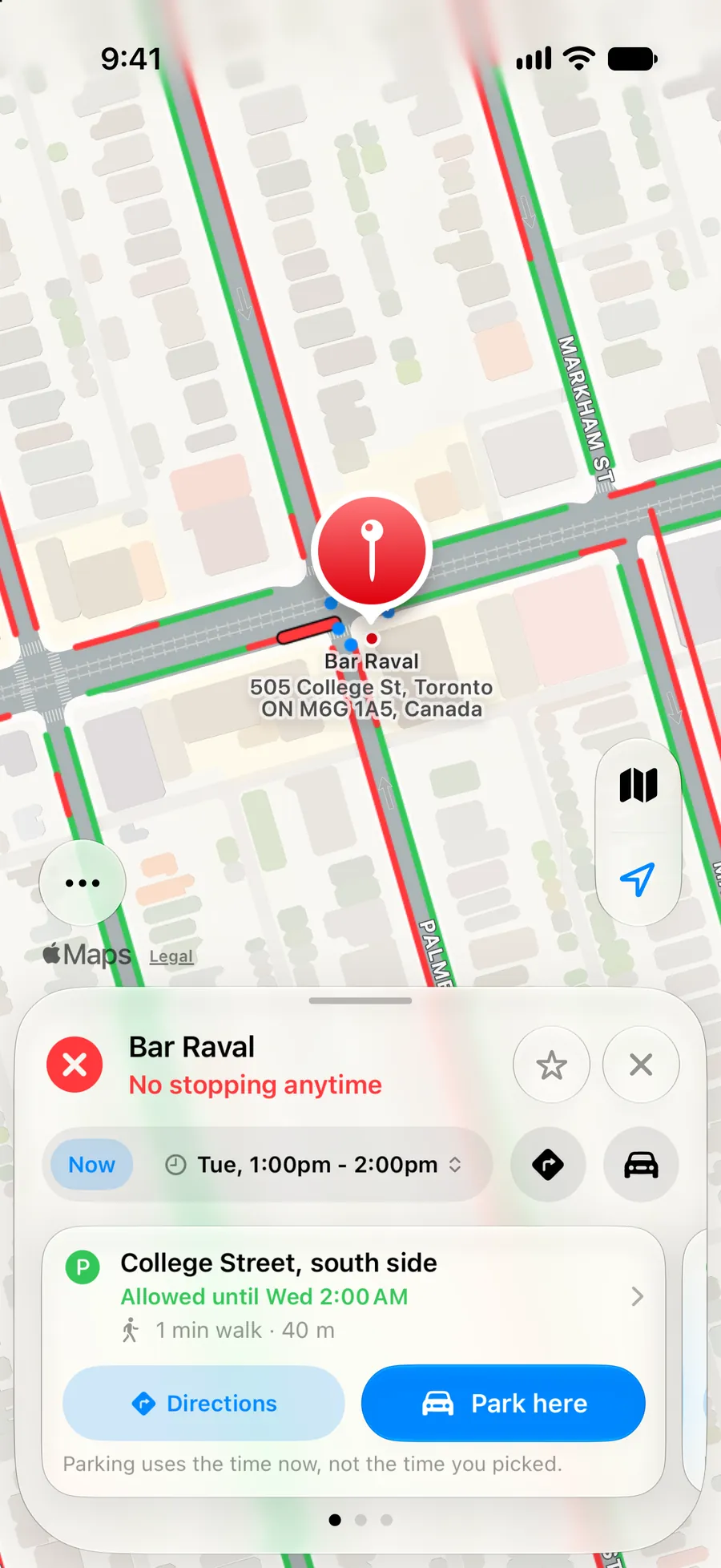 Bar Raval has no stopping anytime, so ParkKing suggests College Street, south side: allowed until Wednesday 2 AM, a 1 minute walk.