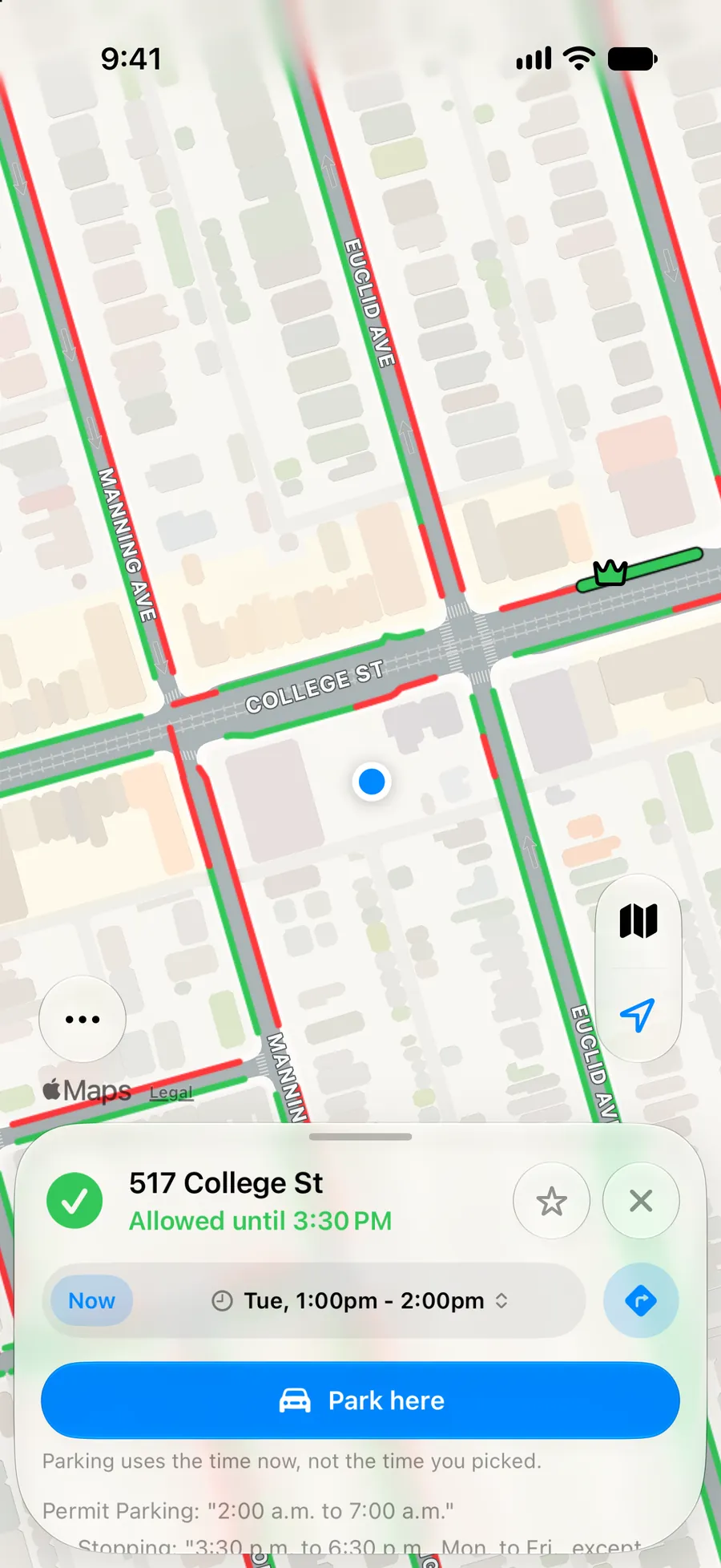 Curb selected: 517 College St. Allowed until 3:30 PM.