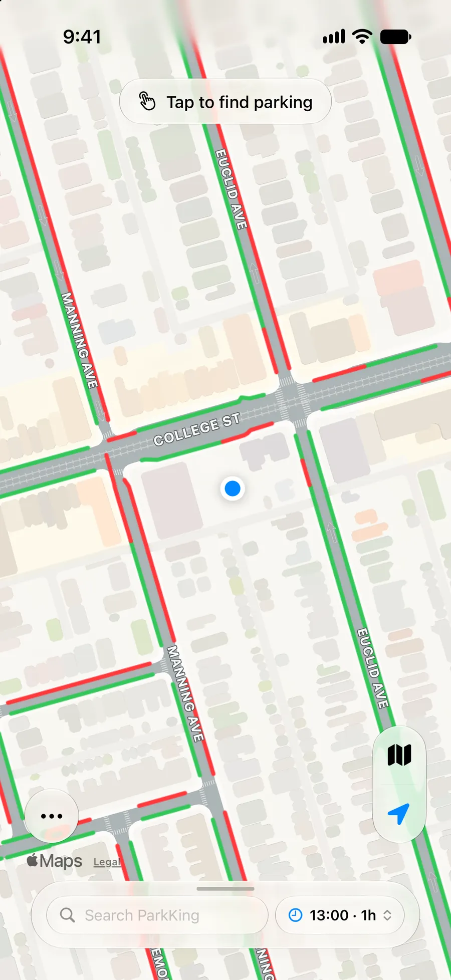 ParkKing map around College St and Euclid Ave, with curbs coloured green and red.