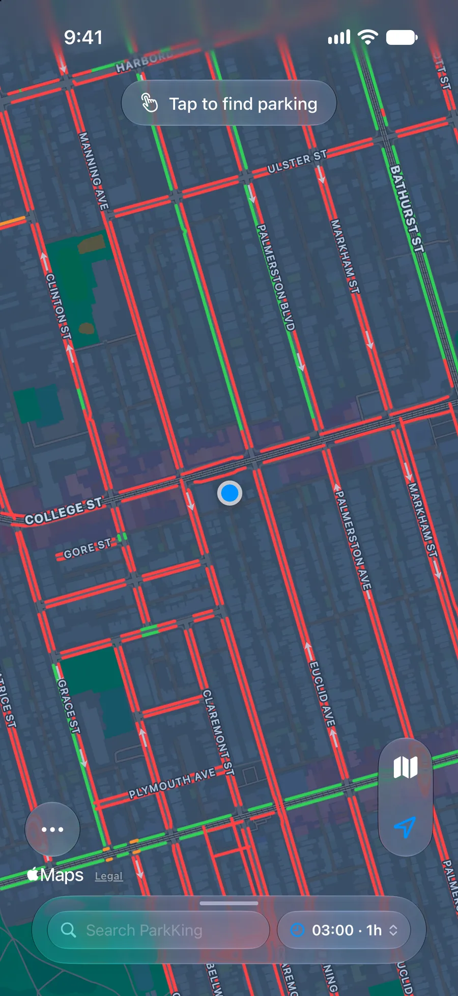 The same streets at 3 AM, when overnight rules turn many curbs red.