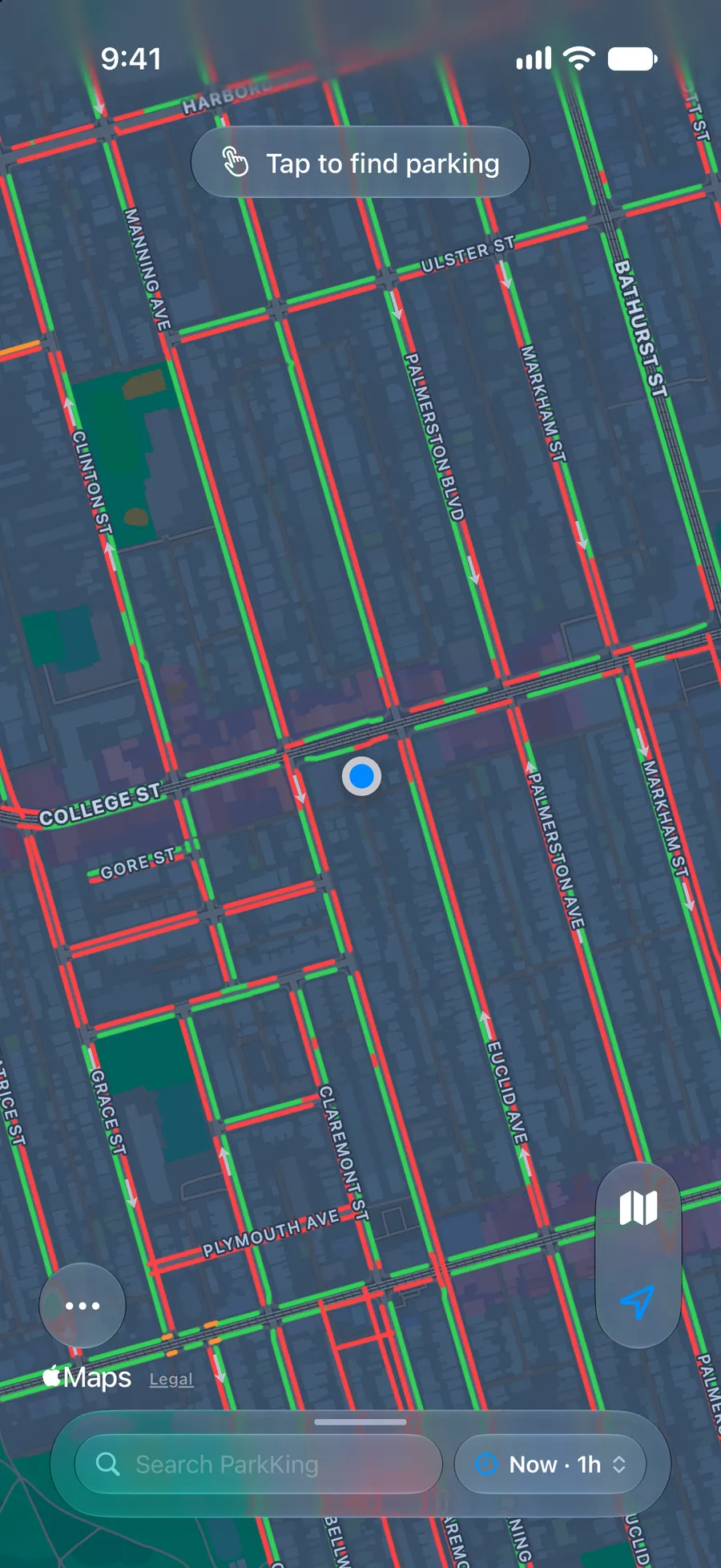 ParkKing map of Little Italy in Toronto tonight, with every curb coloured by the rules in effect.